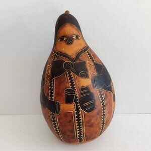 Vintage Handcarved Peruvian Gourd Man W/ Jug Cup Folk Art Musical Rattle 7"
